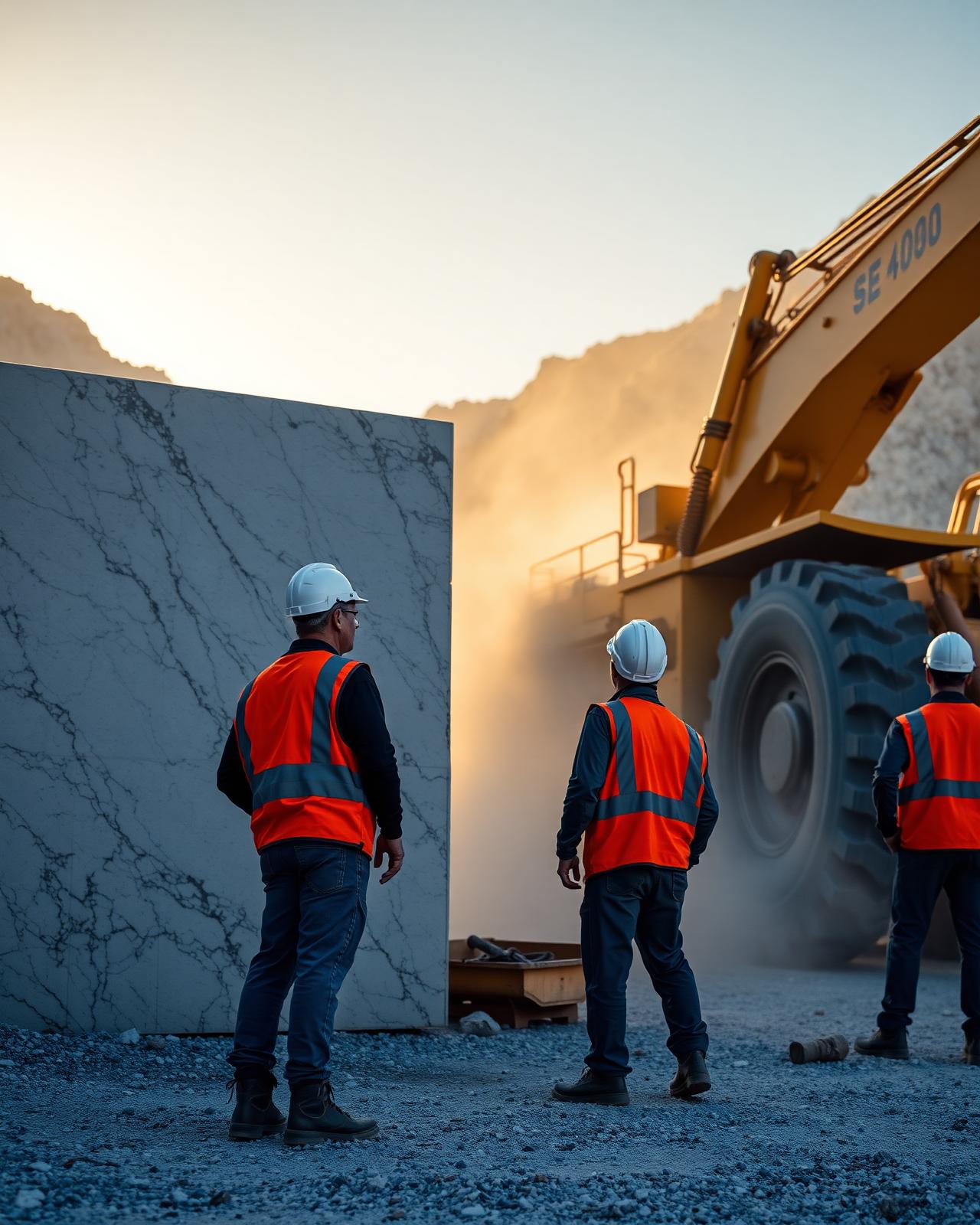 Stone professionals inspecting marble